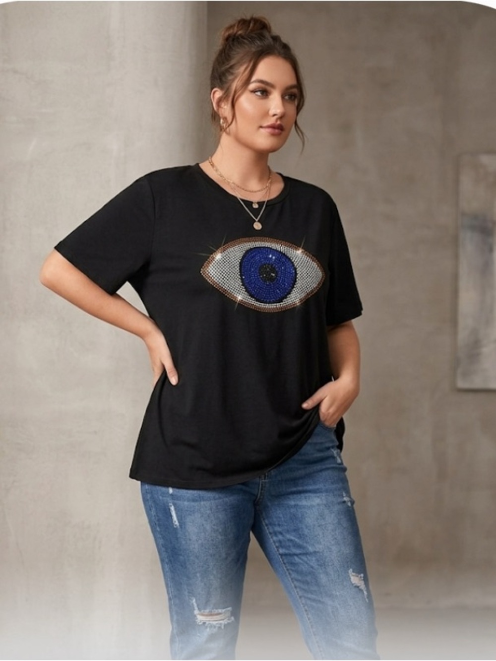 Women’s Black T-Shirt with Blue Evil Eye Crystal Embellishment Plus SZ 4X